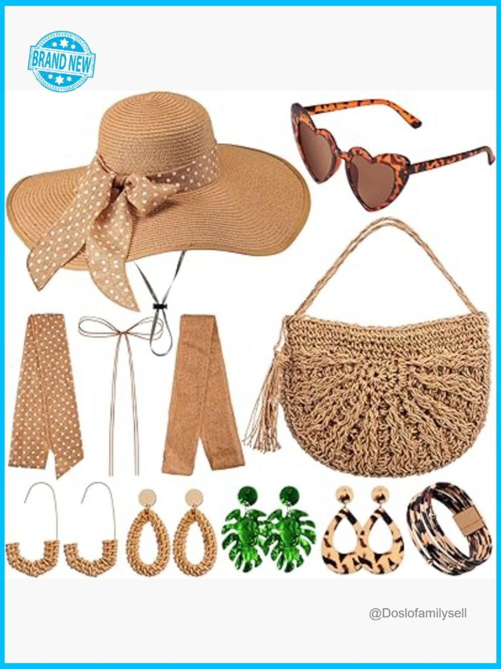 15pc Summer Beach Set Straw Sun Hat Shoulder Bag Sunglasses Earrings Bracelet